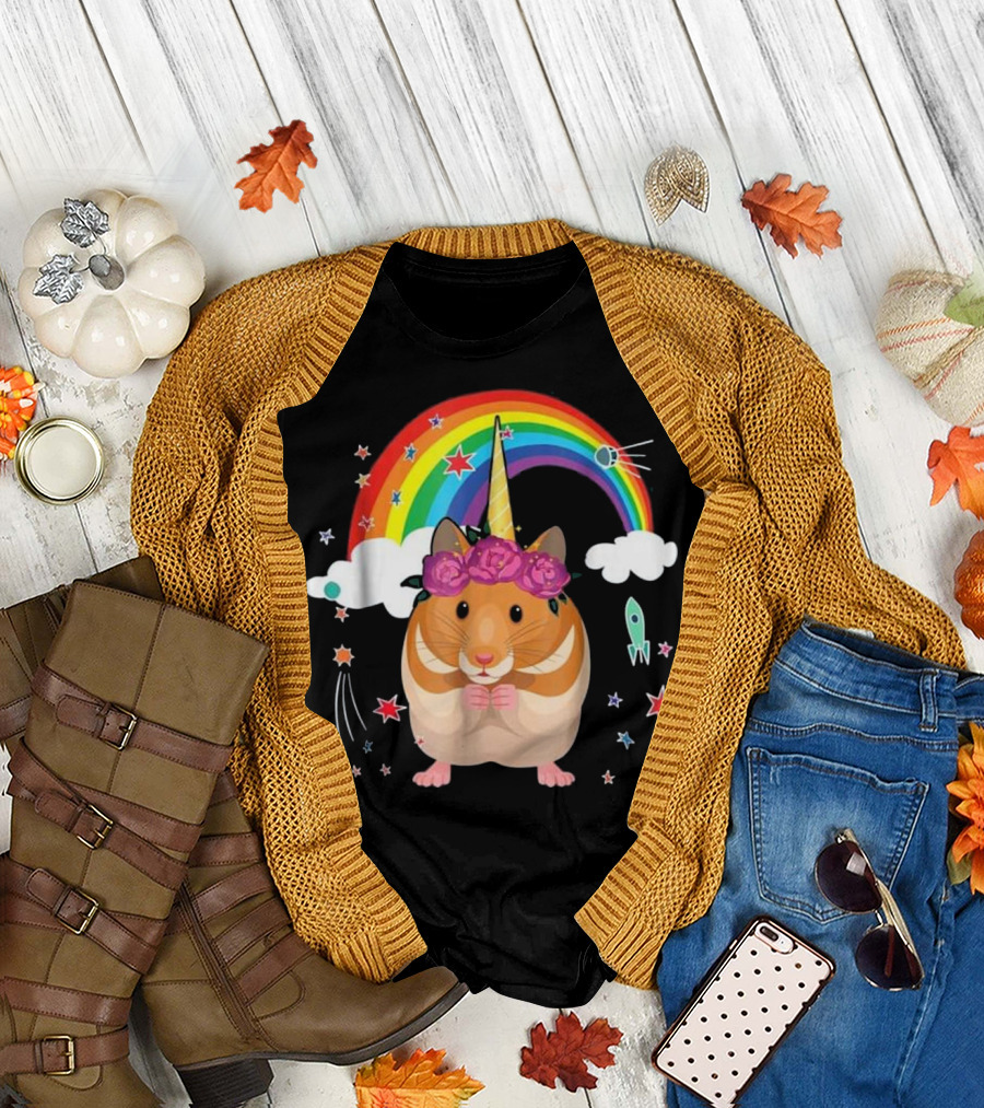Unicorn Hamster Rainbow Doodle Love with Stars and Rocket T-Shirt