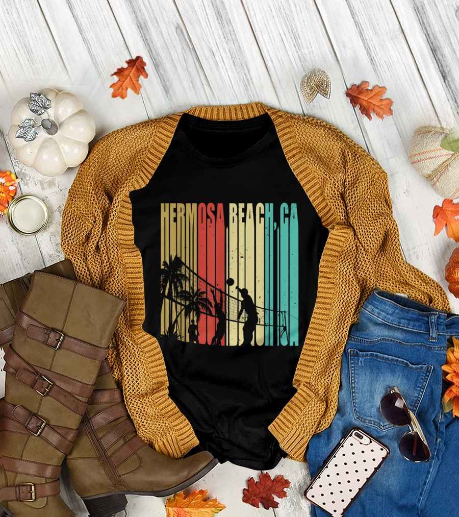 Hermosa Beach CA Volleyball Silhouettes Palm Trees Retro Sunset T-Shirt