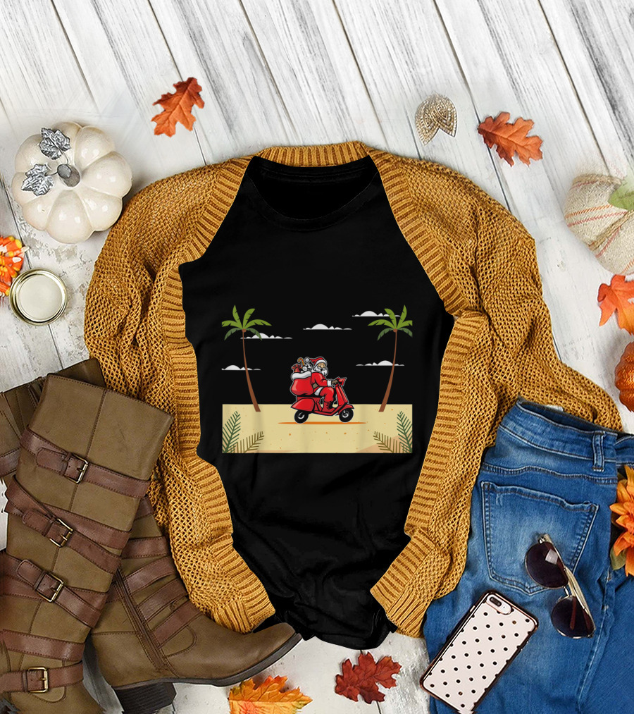 Funny Santa Riding Motorcycle on Tropical Beach T-Shirt