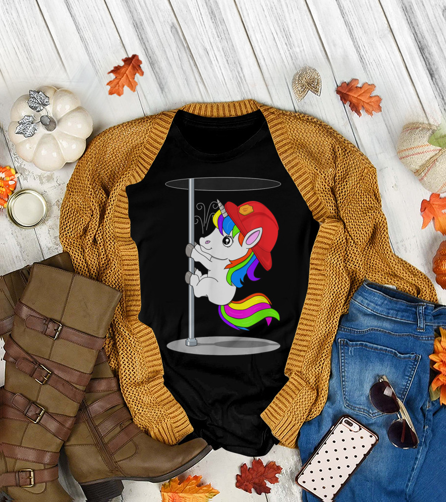 Firefighter Unicorn Sliding Down Fire Pole Rainbow Helmet T-Shirt