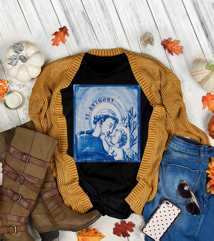 St. Anthony of Padua Patron Saint of Lost with Halo and Child in Blue T-Shirt