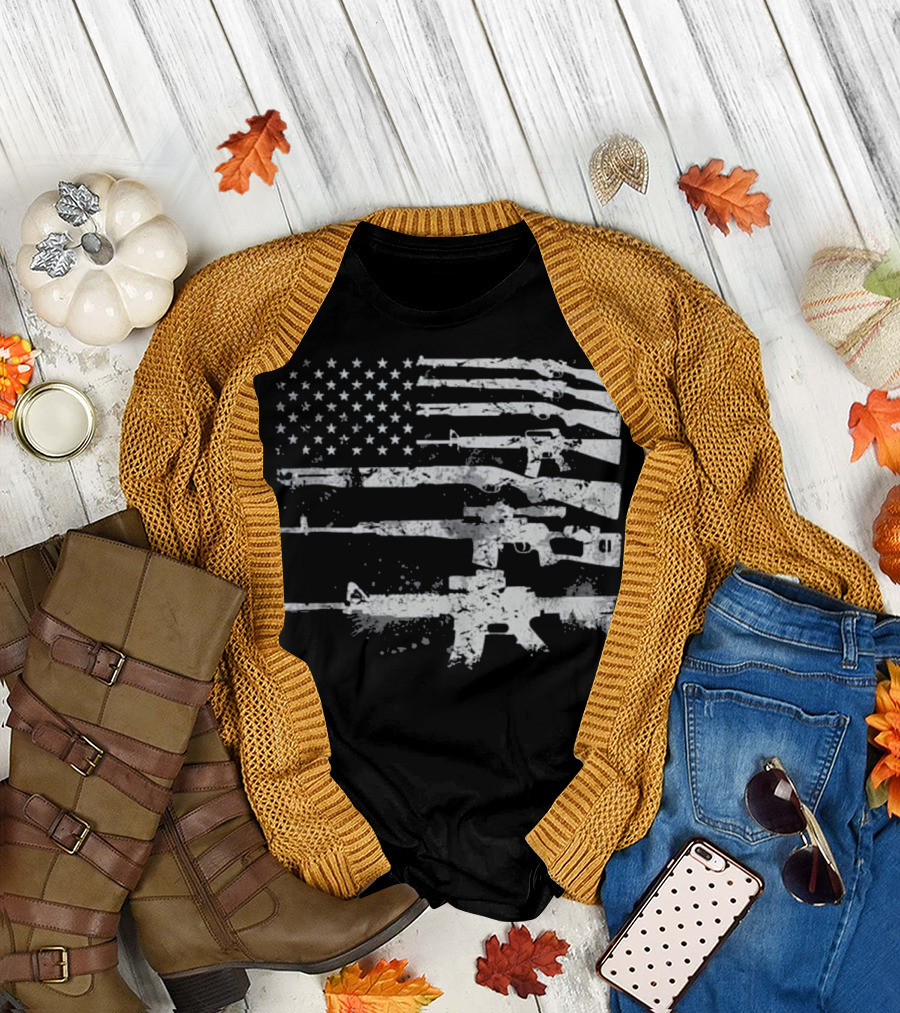 USA Flag with Rifles and Stars Stripes Military Guns Weapons T-Shirt