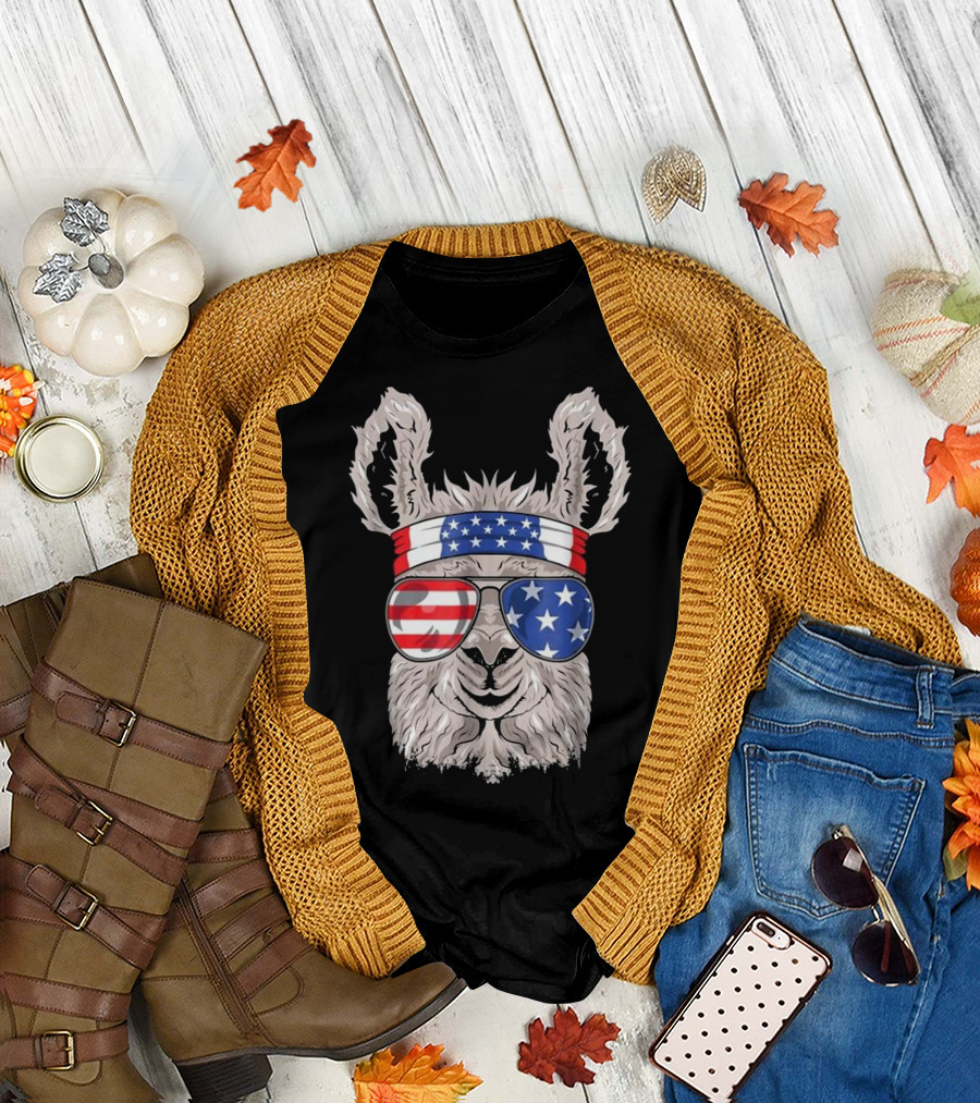 USA Patriotic Llama with American Flag Bandana and Sunglasses T-Shirt