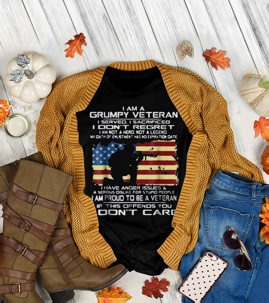 I Am a Grumpy Veteran I Served I Sacrificed I Don't Regret Proud to Be a Veteran American Flag T-Shirt