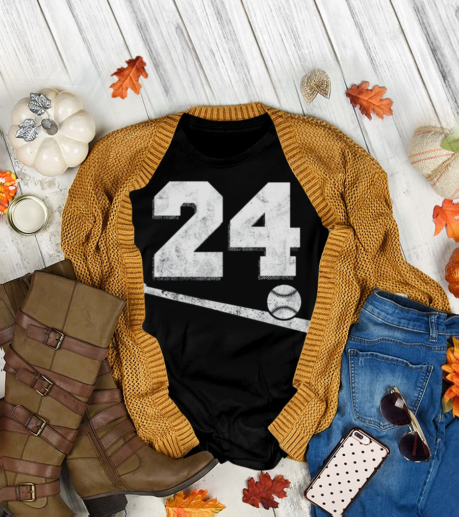Vintage Baseball Jersey Number 24 Retro Plaque Style With Bat And Ball T-Shirt