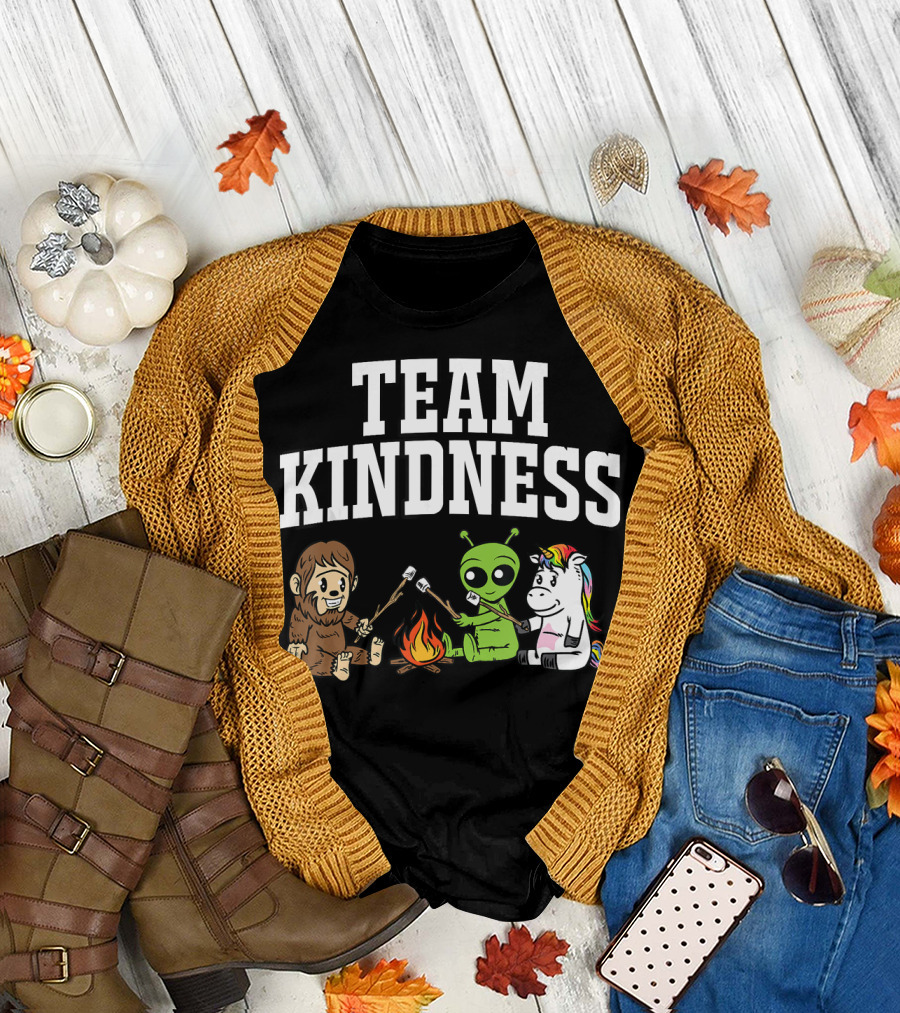 Team Kindness Bigfoot Alien Unicorn Campfire Marshmallows T-Shirt