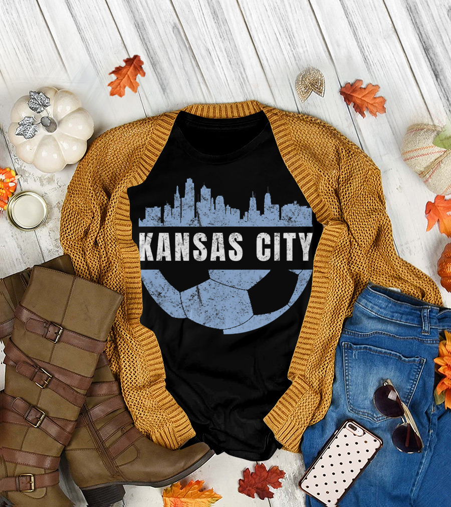 Kansas City Skyline Soccer Fan Club Vintage Soccer Ball Skyline T-Shirt