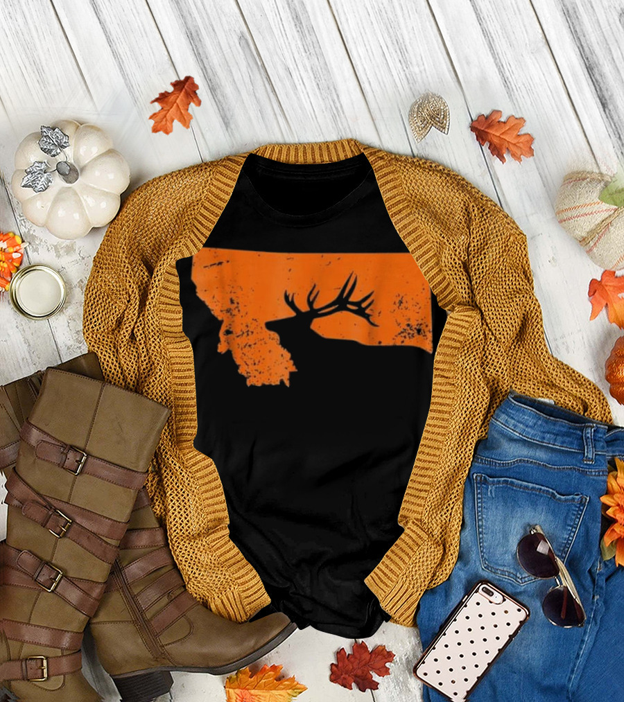 Vintage Montana Elk Hunting Silhouette Orange Map T-Shirt