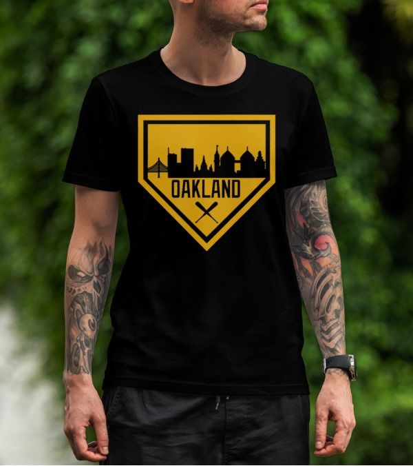 Vintage Oakland Is Home Baseball City Skyline Home Plate T-Shirt