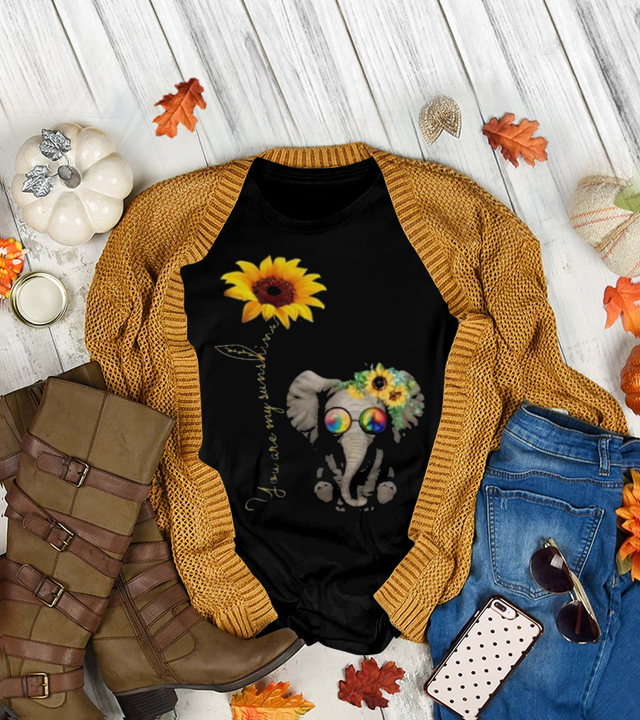 You Are My Sunshine Sunflower Elephant with Hippie Glasses T-Shirt