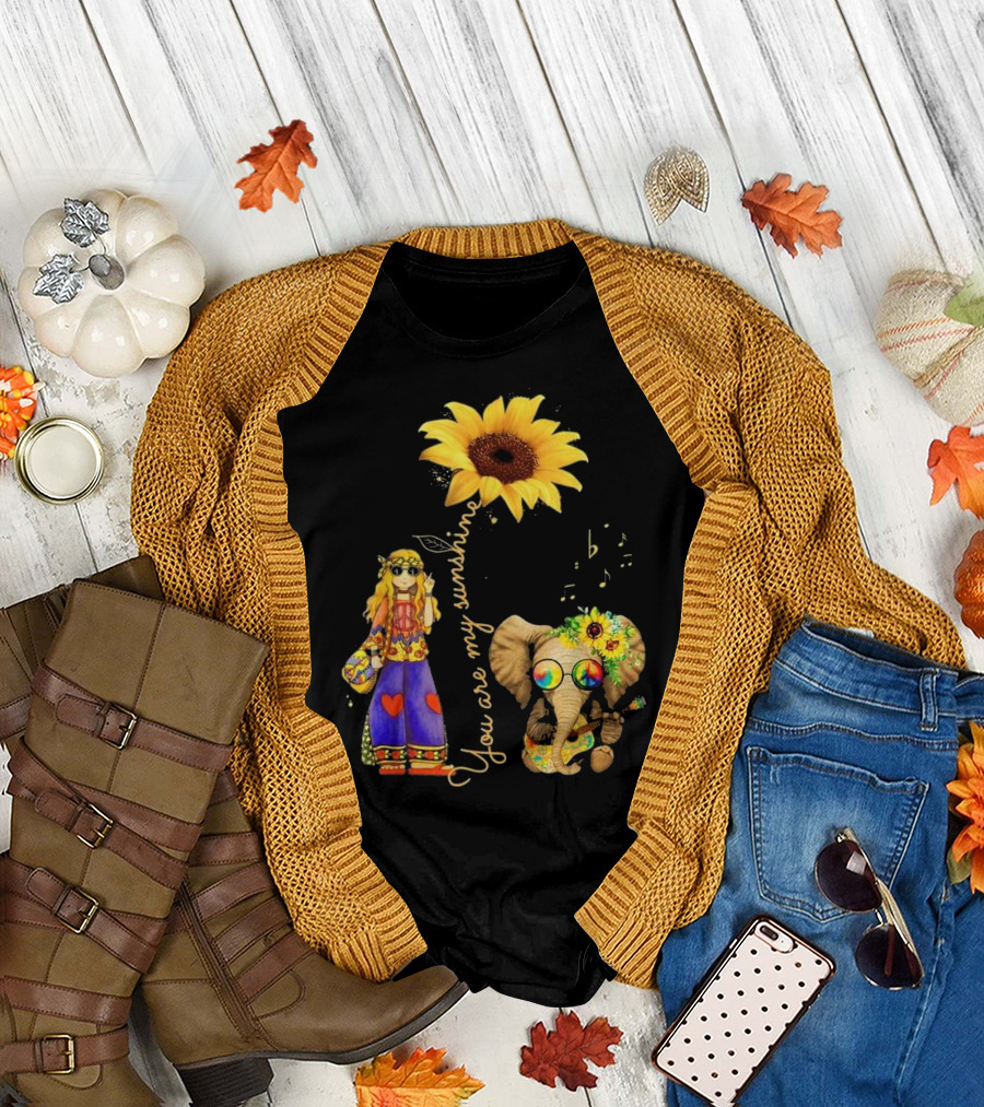 You Are My Sunshine Sunflower Hippie Girl Retro Elephant Music T-Shirt