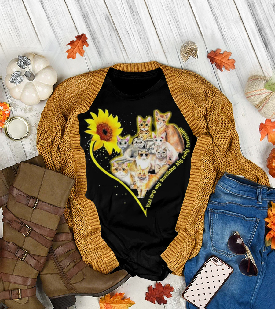 You Are My Sunshine My Only Sunshine Sunflower Heart with Cats T-Shirt