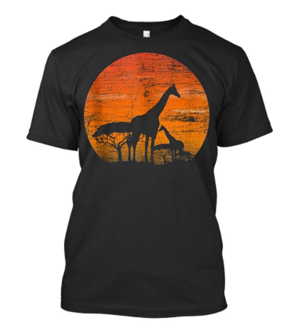 Vintage Safari Nature Africa Family Baby Giraffe Silhouettes Sunset Background T-Shirt