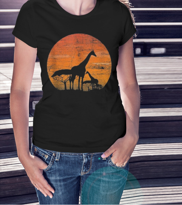 Vintage Safari Nature Africa Family Baby Giraffe Silhouettes Sunset Background T-Shirt