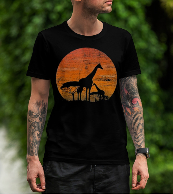 Vintage Safari Nature Africa Family Baby Giraffe Silhouettes Sunset Background T-Shirt