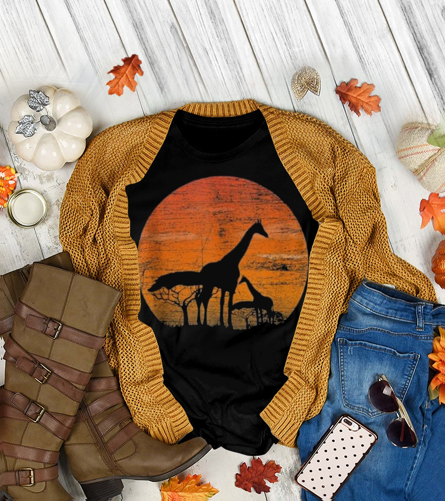 Vintage Safari Nature Africa Family Baby Giraffe Silhouettes Sunset Background T-Shirt