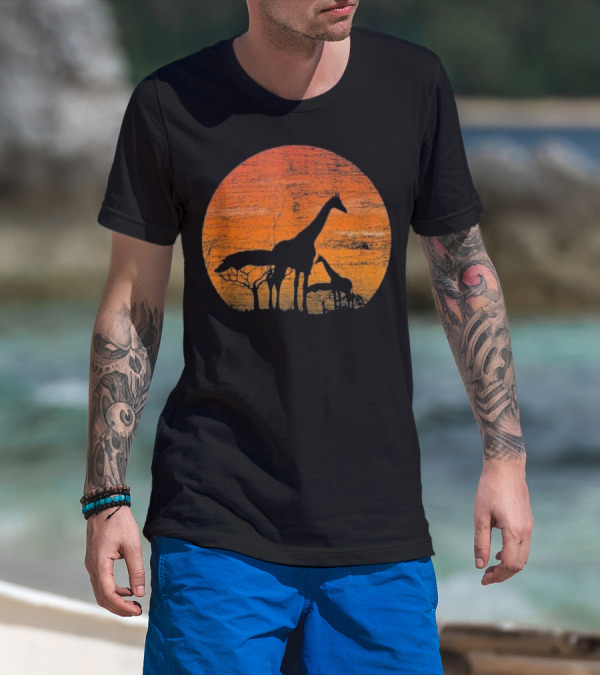 Vintage Safari Nature Africa Family Baby Giraffe Silhouettes Sunset Background T-Shirt