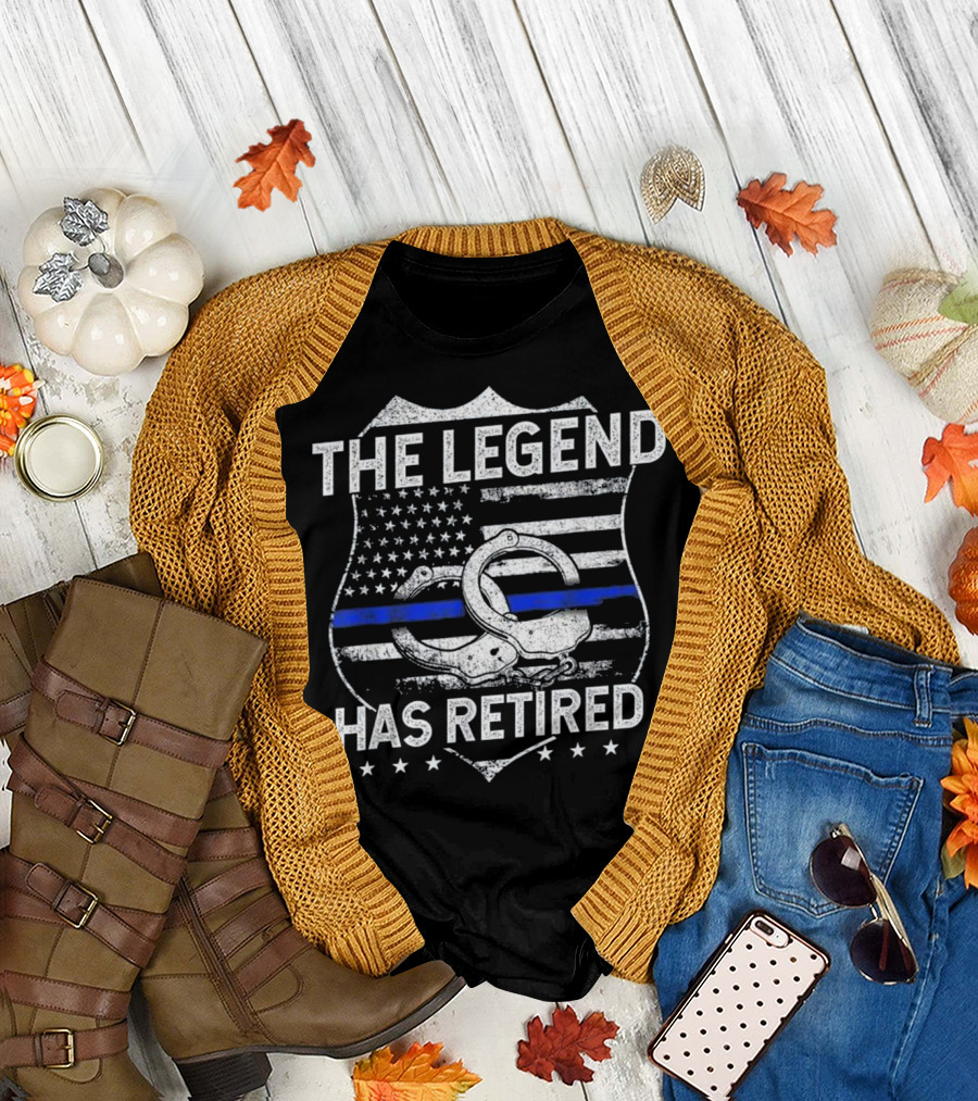 The Legend Has Retired Blue Line Handcuffs Police Badge T-Shirt