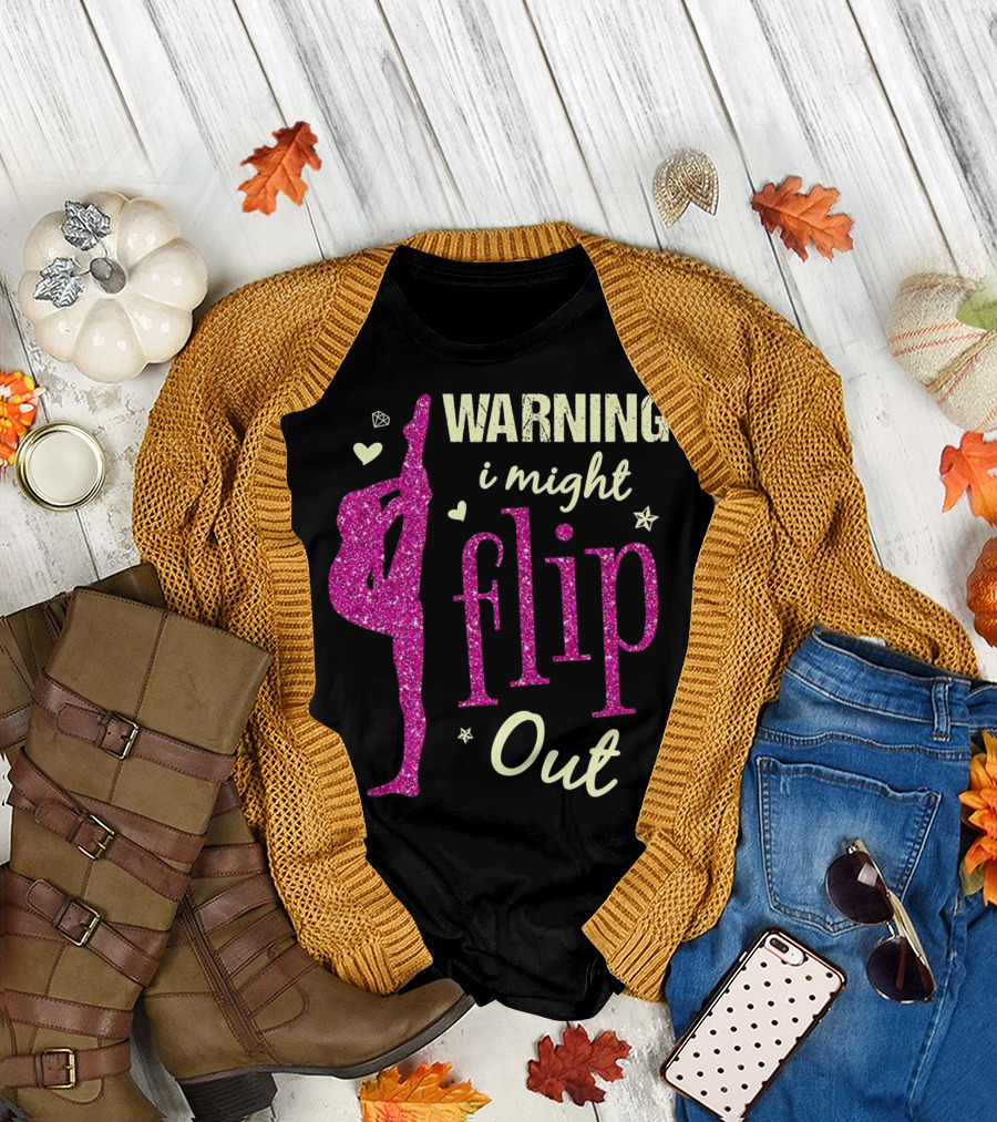 WARNING I Might Flip Out Cheerleading Silhouette Hearts and Stars T-Shirt