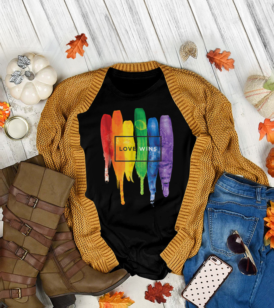 Watercolor Love Wins Rainbow Paint Typography T-Shirt