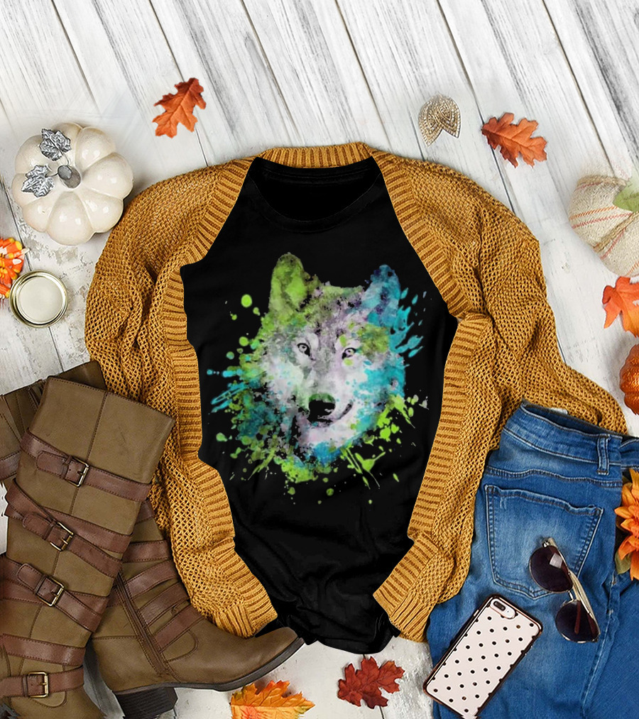 Watercolour Wolf Head Colourful Painting Wolf T-Shirt