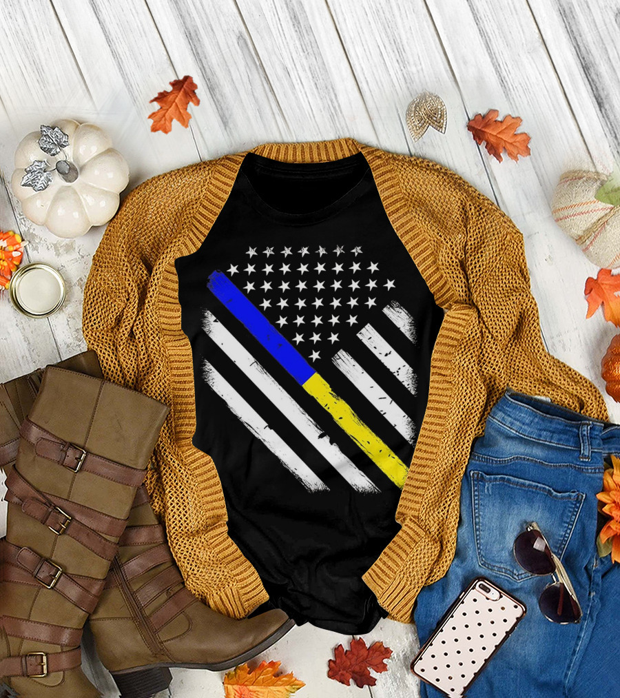 Thin Blue Gold Line Police Dispatcher American Flag T-Shirt