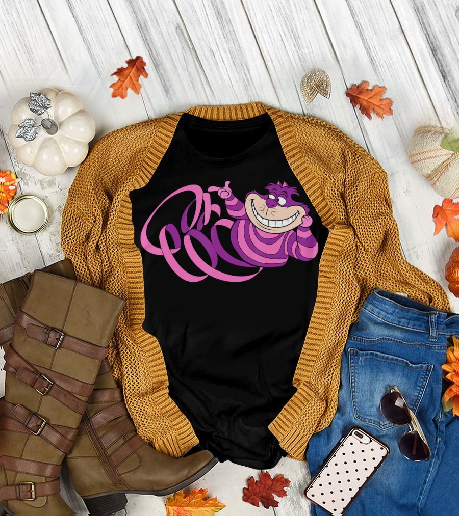 Cheshire Cat Smiling in Pink and Purple Stripes Halloween Pin T-Shirt
