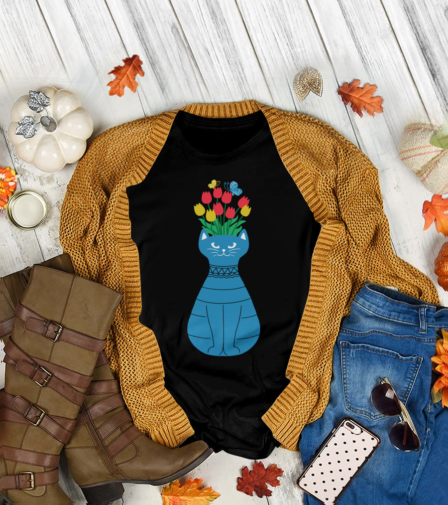 Cat Vase with Tulips and Butterflies T-Shirt