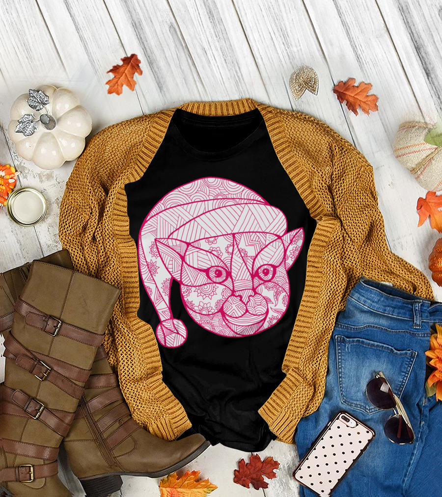 Cat Wearing Santa Hat Mandala T-Shirt