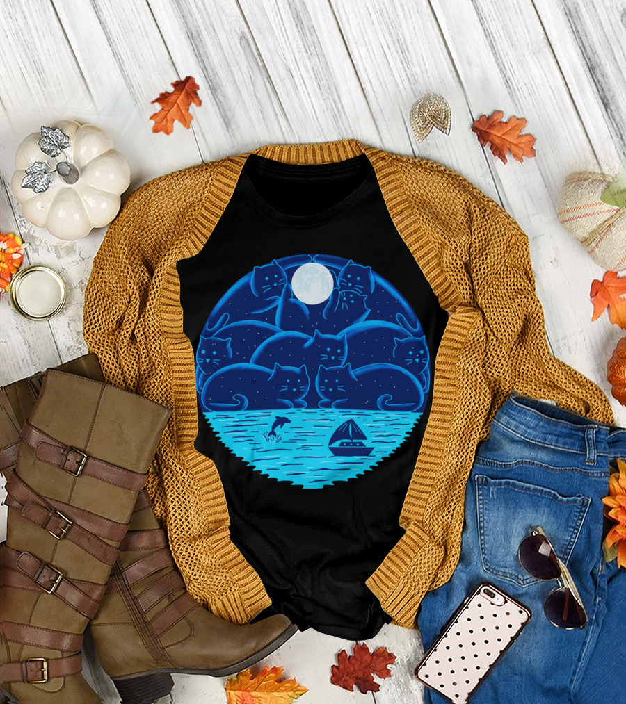 Cats Moonlit Ocean Scene with Sailboat and Dolphin T-Shirt