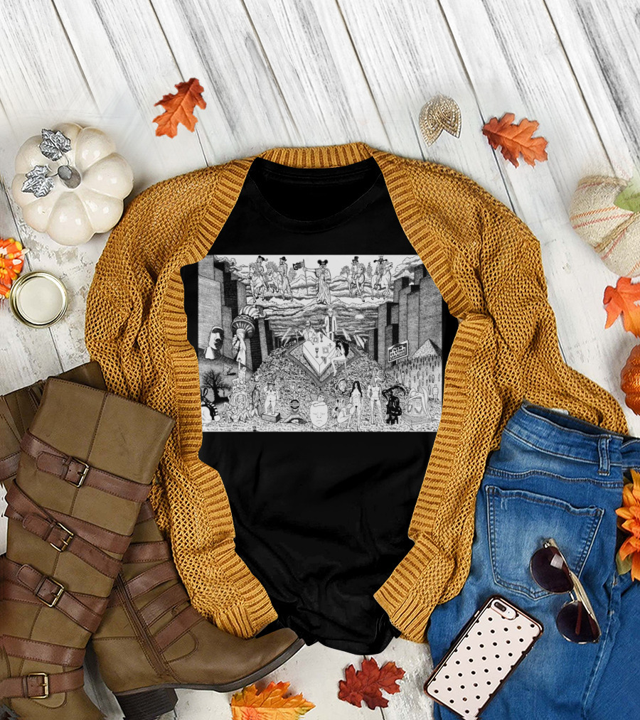 Apocalypse Right Now Surreal Cityscape with Mythical Figures and Crowded Street T-Shirt