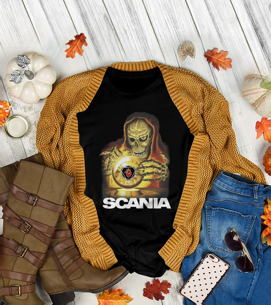 SCANIA Skeleton Hooded Figure with Crystal Ball and Red Lion Emblem T-Shirt