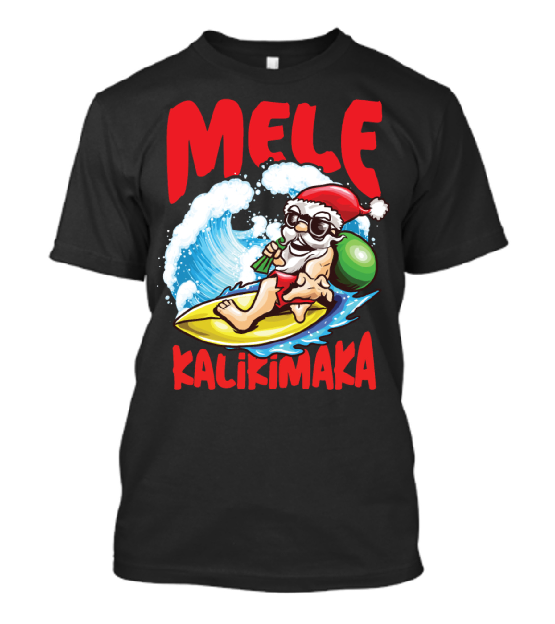 Mele Kalikimaka Surfing Santa With Hawaiian Surfboard And Waves T-Shirt