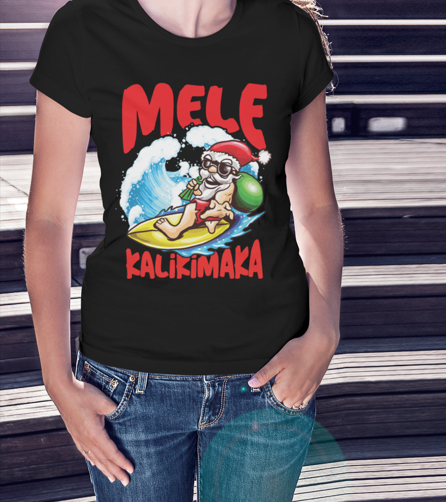 Mele Kalikimaka Surfing Santa With Hawaiian Surfboard And Waves T-Shirt