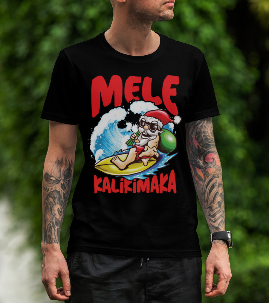 Mele Kalikimaka Surfing Santa With Hawaiian Surfboard And Waves T-Shirt