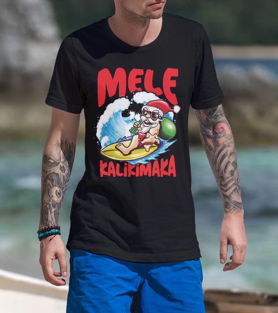 Mele Kalikimaka Surfing Santa With Hawaiian Surfboard And Waves T-Shirt