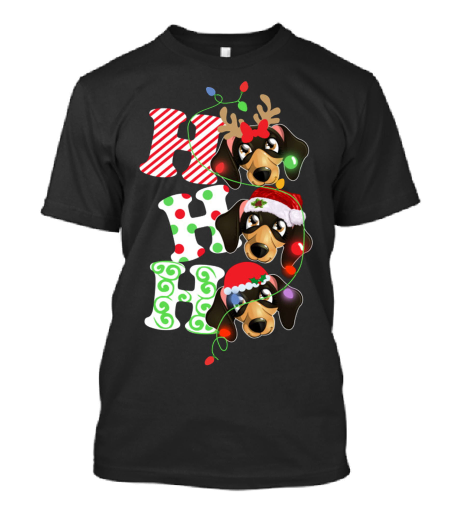 Ho Ho Ho Funny Christmas Dachshund Lovers Reindeer Antlers Santa Hats Holiday Lights T-Shirt