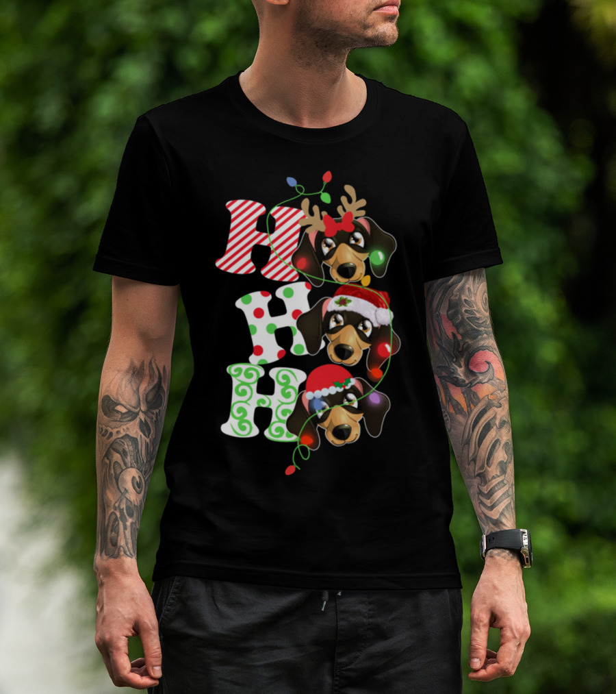 Ho Ho Ho Funny Christmas Dachshund Lovers Reindeer Antlers Santa Hats Holiday Lights T-Shirt