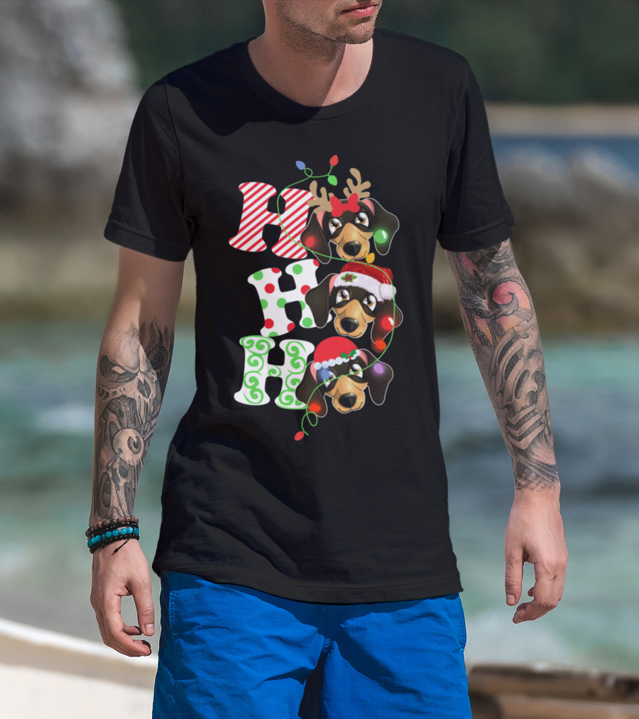 Ho Ho Ho Funny Christmas Dachshund Lovers Reindeer Antlers Santa Hats Holiday Lights T-Shirt
