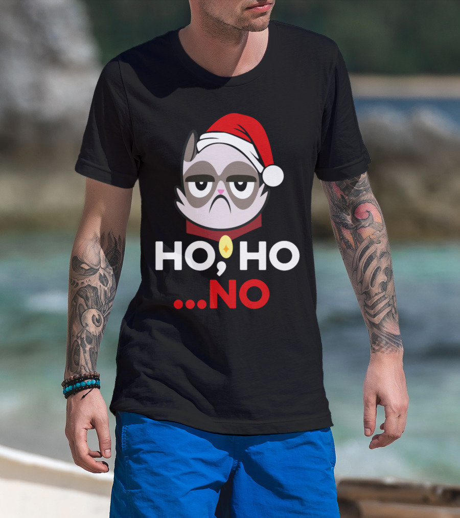 Ho Ho No Funny Grumpy Anti Christmas Cat With Santa Hat T-Shirt