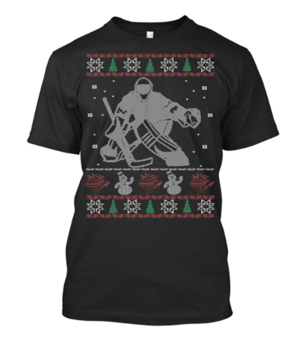 Hockey Goalie Ugly Christmas Sweater Style Snowflakes Trees Snowmen T-Shirt
