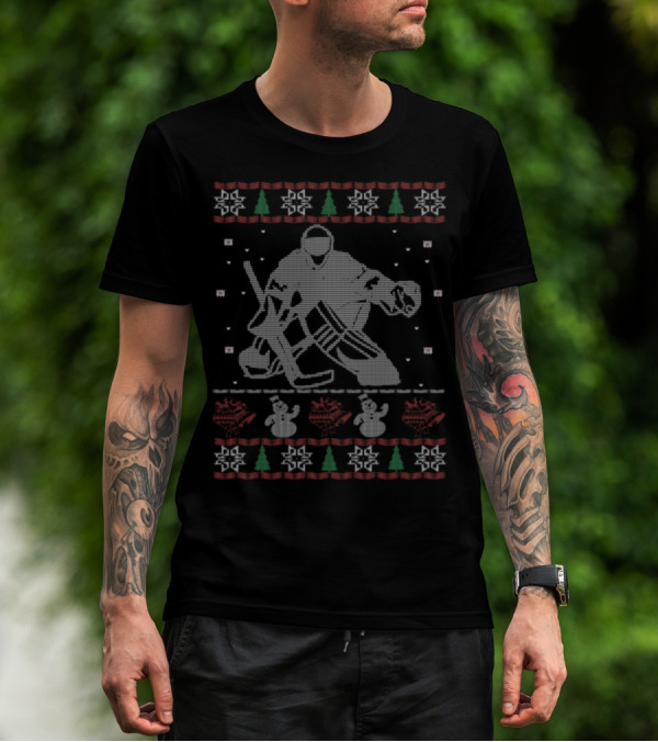 Hockey Goalie Ugly Christmas Sweater Style Snowflakes Trees Snowmen T-Shirt