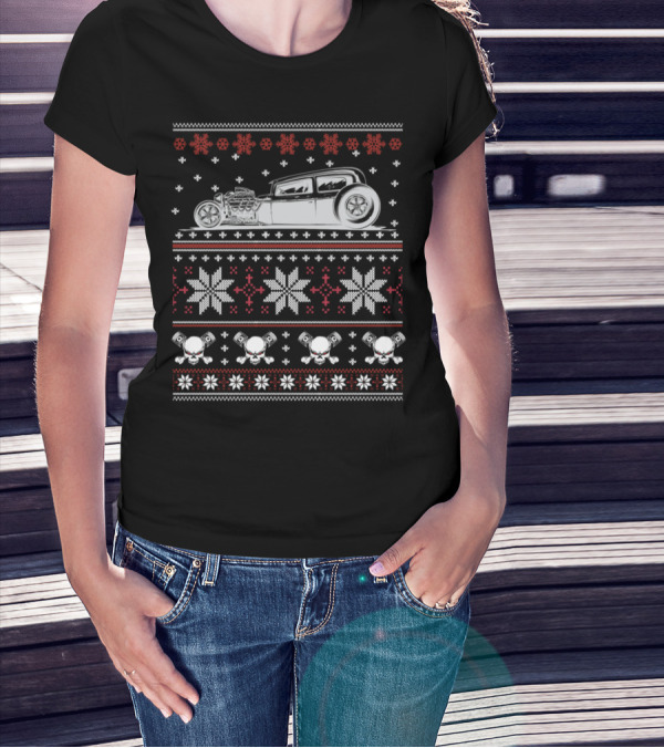 Hot Rods Christmas Skull Engine Snowflakes T-Shirt