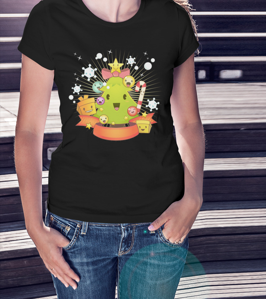 Kawaii Christmas Tree With Smiling Faces And Candy Cane T-Shirt