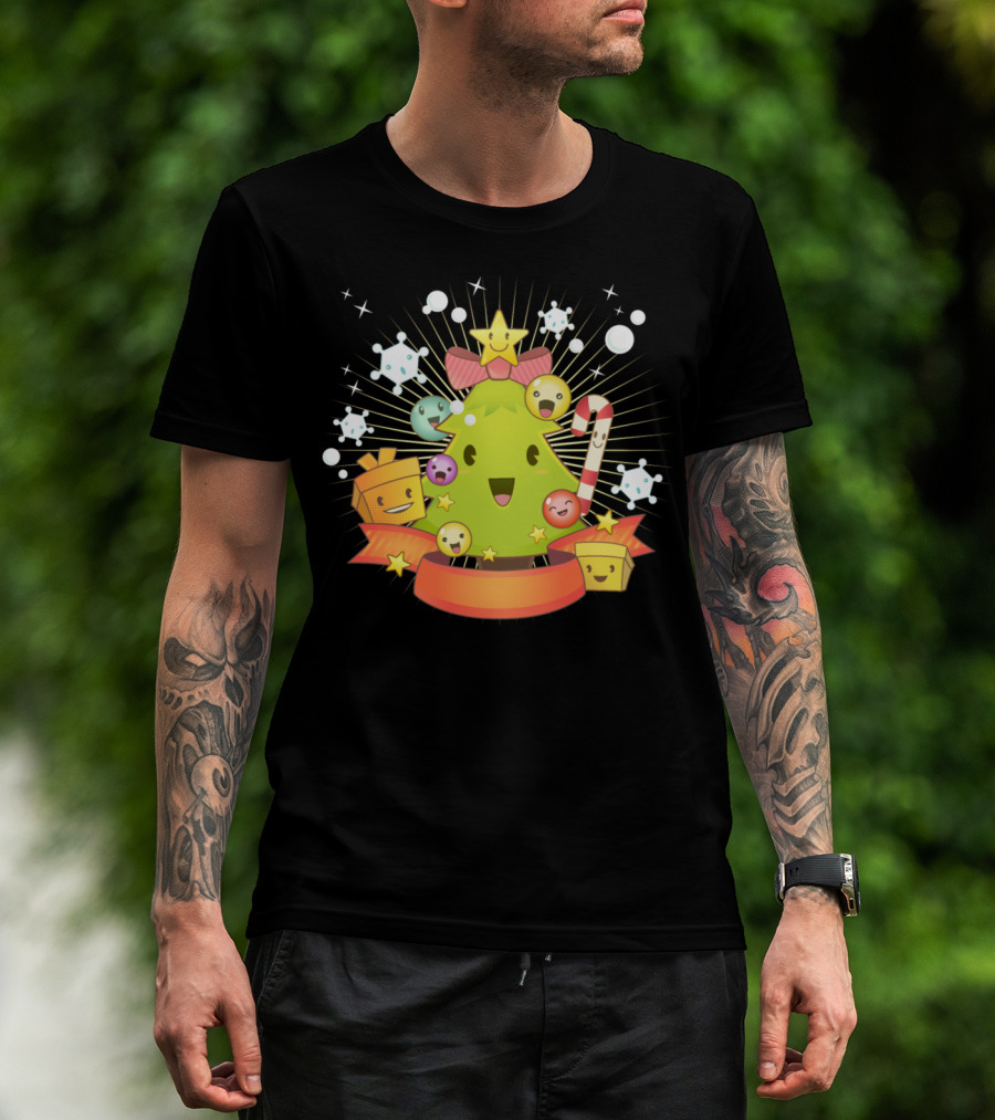 Kawaii Christmas Tree With Smiling Faces And Candy Cane T-Shirt