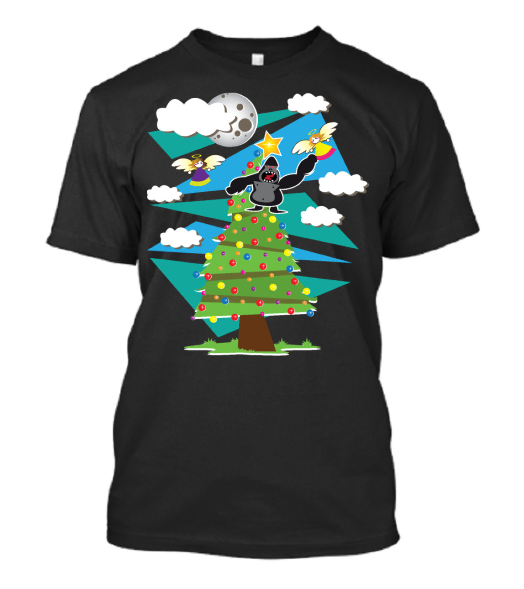 King Kong Christmas Tree With Angels And Moon T-Shirt