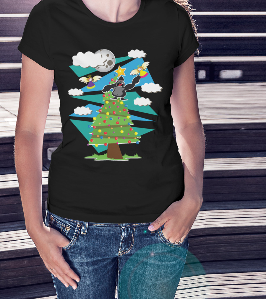 King Kong Christmas Tree With Angels And Moon T-Shirt