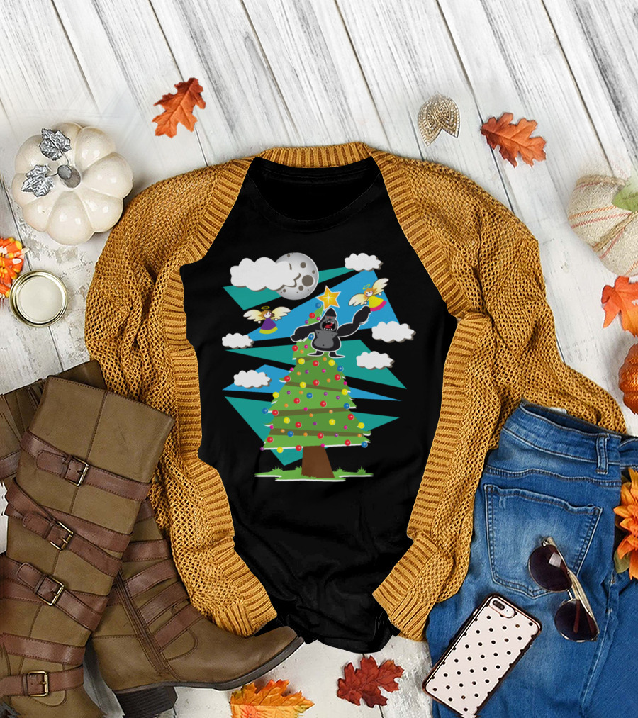 King Kong Christmas Tree With Angels And Moon T-Shirt