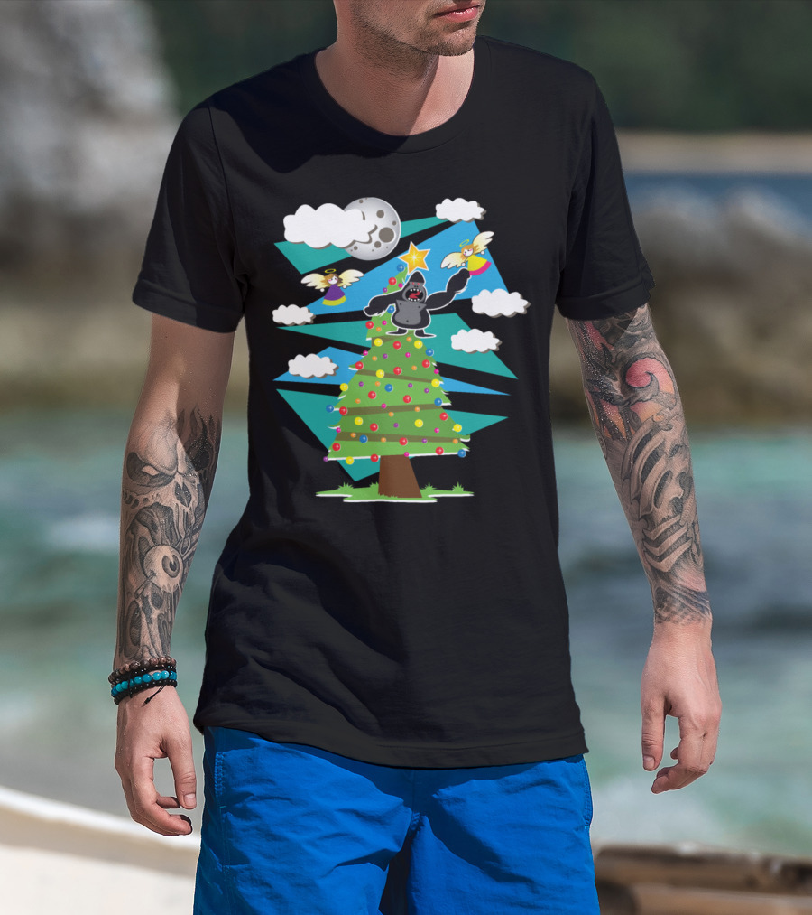 King Kong Christmas Tree With Angels And Moon T-Shirt