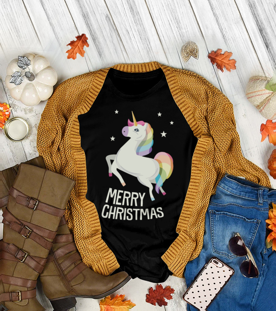 Merry Christmas Rainbow Unicorn with Stars T-Shirt